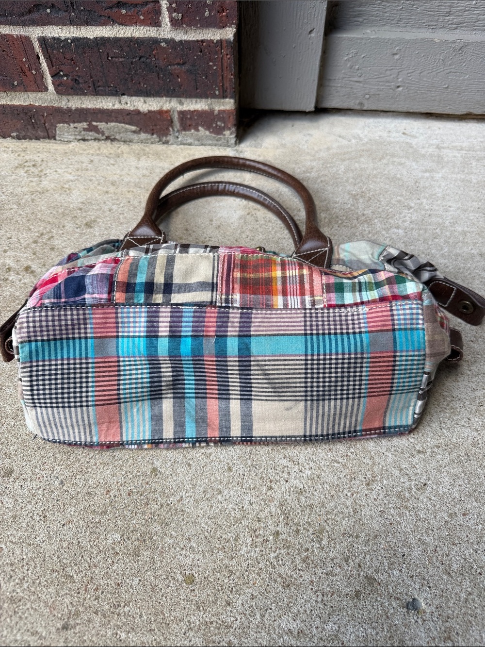 UNIONBAY Multicolor Plaid Patchwork Satchel with Brown Handles - Picture 3 of 4